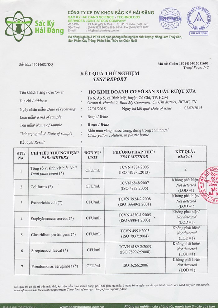 Bản kết quả thử nghiệm 2