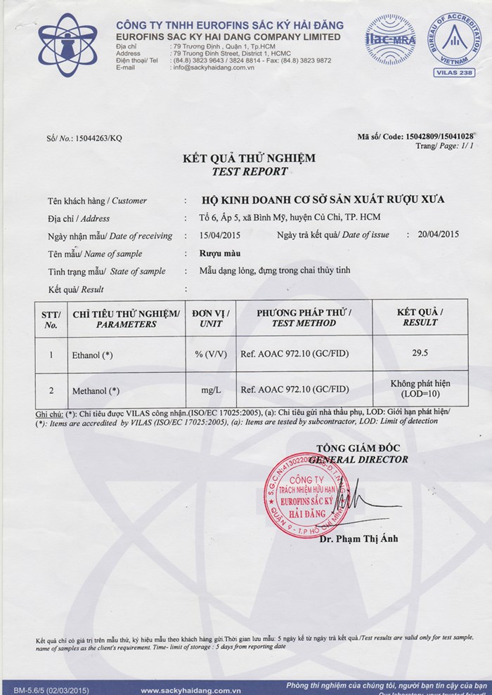 Bản kết quả thử nghiệm